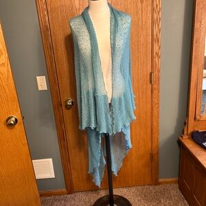 One size Blue Knit shawl wrap hooded lightweight mesh open front BOHO whimsical
